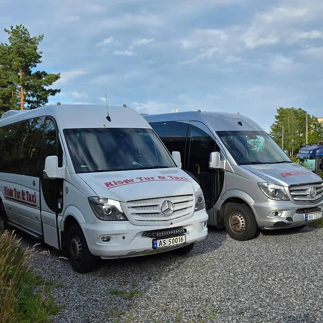 To minibusser fra Risør Tur & Taxi parkert på grusplass ved trær og busker.
